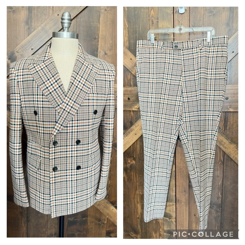 ROSSIMAN Plaid Suit Slim Fit Double-Breasted Blazer & Matching Pants Milano 42R